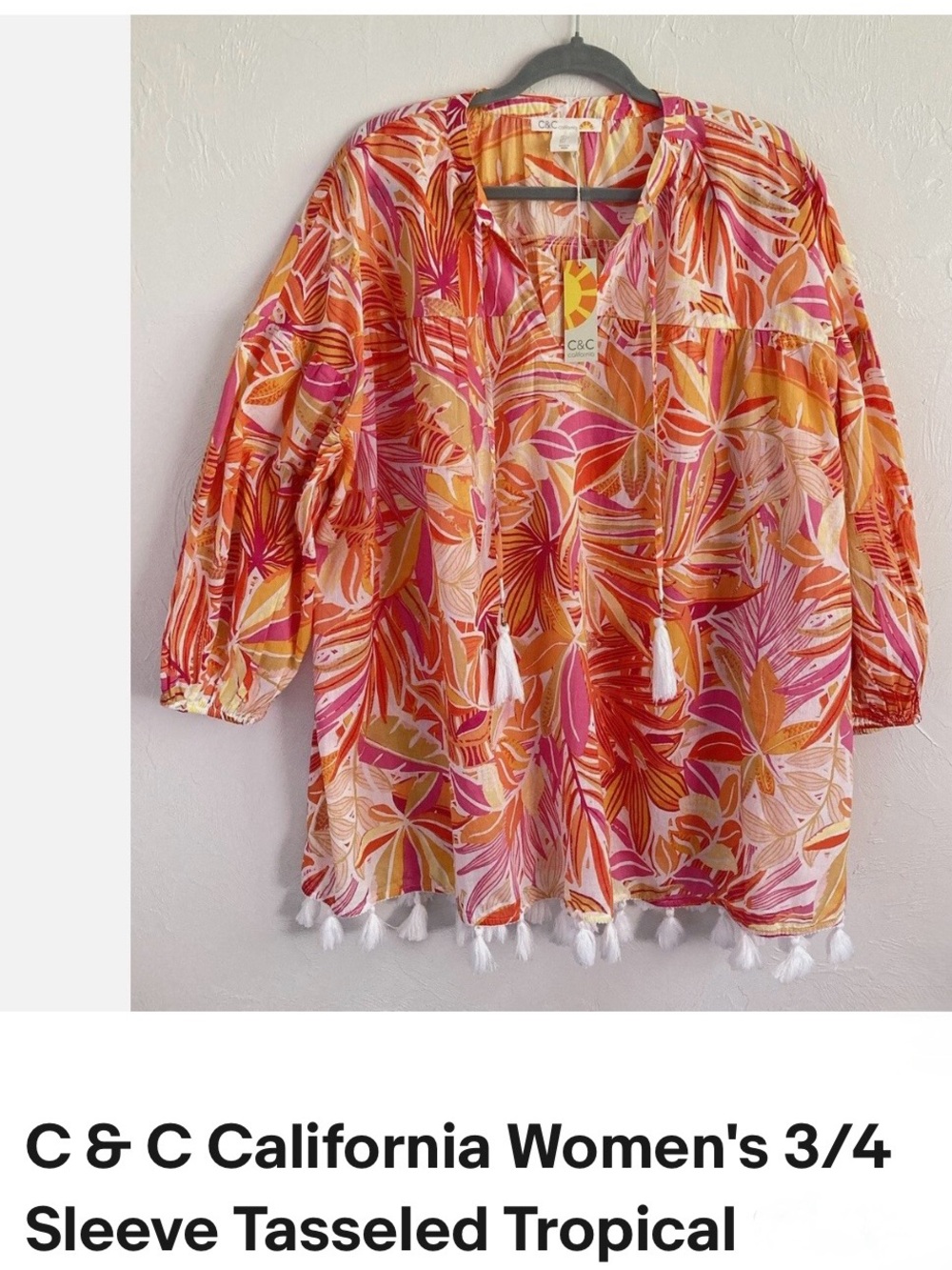 Size 2X C&C California Pink, Orange & Yellow Tropical Tassel Top Preloved